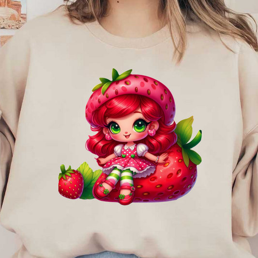 Adorable strawberry-themed character with vibrant red hair, green eyes, and playful attire, sitting cheerfully on a large strawberry.DTF Transfers