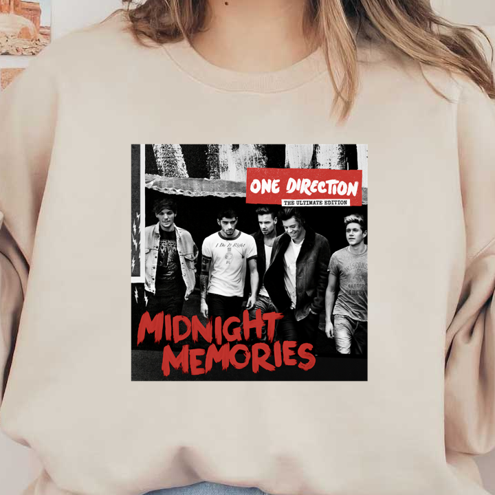 One Direction's "Midnight Memories: The Ultimate Edition" album cover features the band in a stylish black-and-white photo with bold red text.DTF Transfers dtf transfers