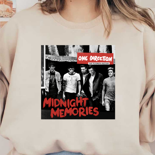 One Direction's "Midnight Memories: The Ultimate Edition" album cover features the band in a stylish black-and-white photo with bold red text.DTF Transfers dtf transfers