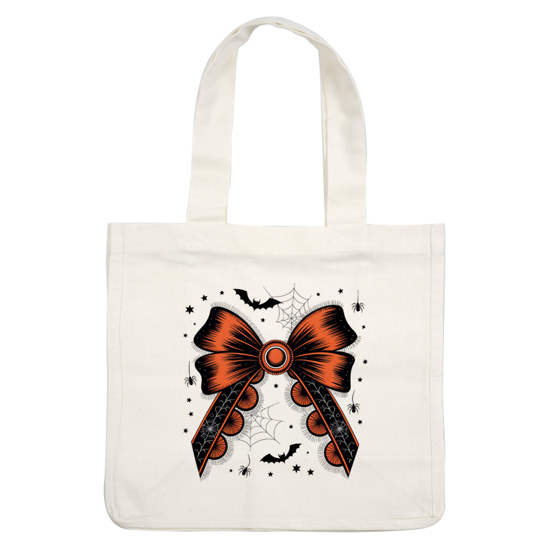 Un lazo naranja y negro vibrante con una gema central, adornado con patrones de telaraña, perfecto para decoraciones de Halloween.