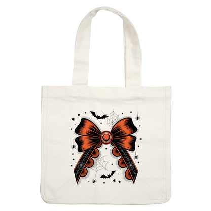 Un lazo naranja y negro vibrante con una gema central, adornado con patrones de telaraña, perfecto para decoraciones de Halloween.