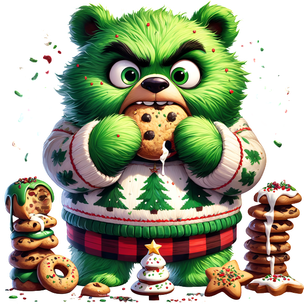 A cute, green bear character in a festive sweater enjoys a cookie surrounded by a variety of colorful holiday treats.DTF Transfers dtf transfers