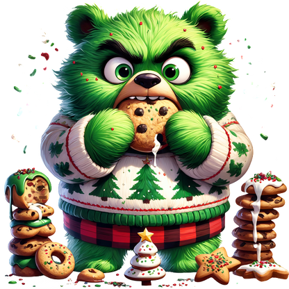 A cute, green bear character in a festive sweater enjoys a cookie surrounded by a variety of colorful holiday treats.DTF Transfers dtf transfers