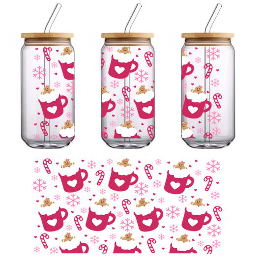 A cheerful pattern featuring pink mugs with heart designs, marshmallows, playful bears, candy canes, and snowflakes, perfect for winter fun!UV Transfers heat press transfers