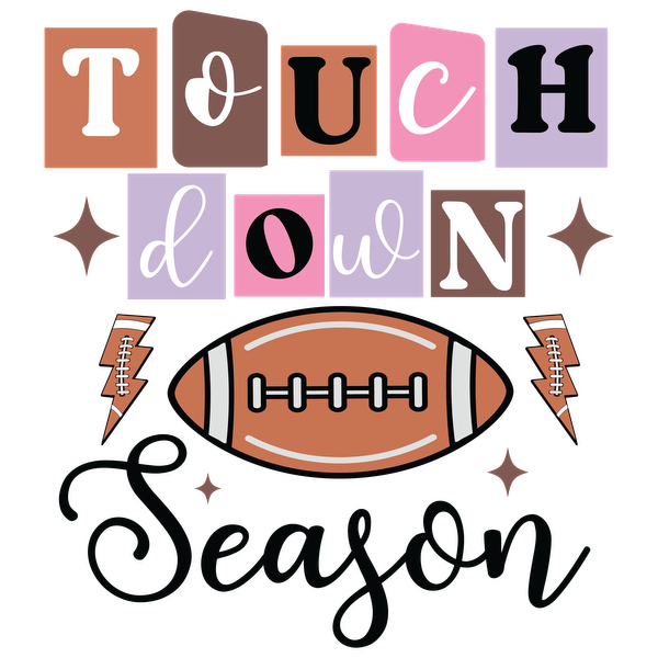 Celebre la emoción del fútbol con este vibrante diseño "Touchdown Season" que presenta letras divertidas y una ilustración clásica del fútbol.