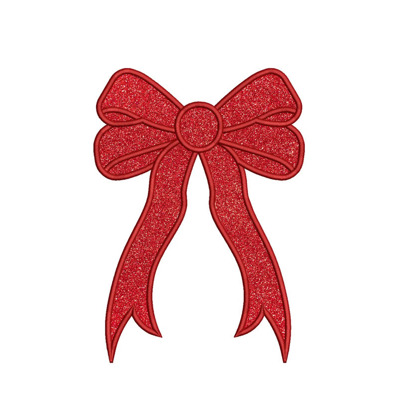 A festive Green/Red small glitter bow applique, perfect for adding a cheerful holiday touch to any garment or craft project.