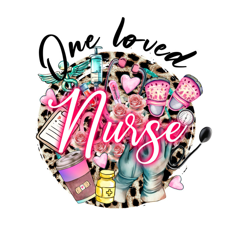 A vibrant and colorful illustration celebrating nurses, featuring medical tools, flowers, and a playful "Nurse" text design.DTF Transfers