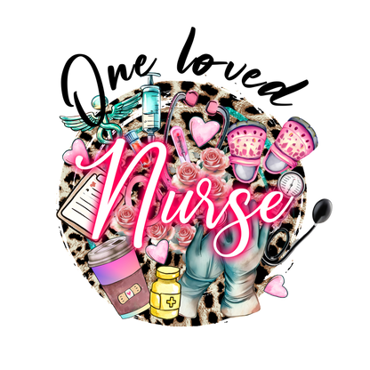 A vibrant and colorful illustration celebrating nurses, featuring medical tools, flowers, and a playful "Nurse" text design.DTF Transfers