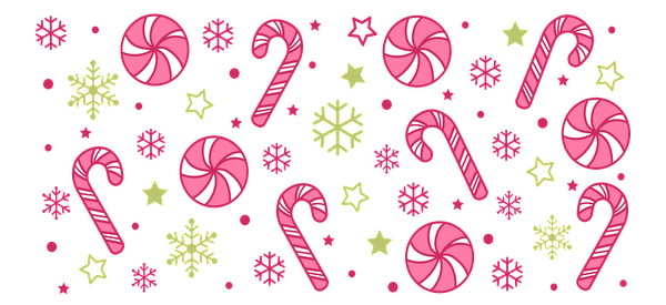 A festive pattern featuring pink and white peppermint swirls, candy canes, and charming yellow snowflakes and stars against a black background.UV Transfers heat press transfers