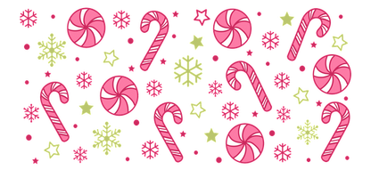 A festive pattern featuring pink and white peppermint swirls, candy canes, and charming yellow snowflakes and stars against a black background.UV Transfers heat press transfers