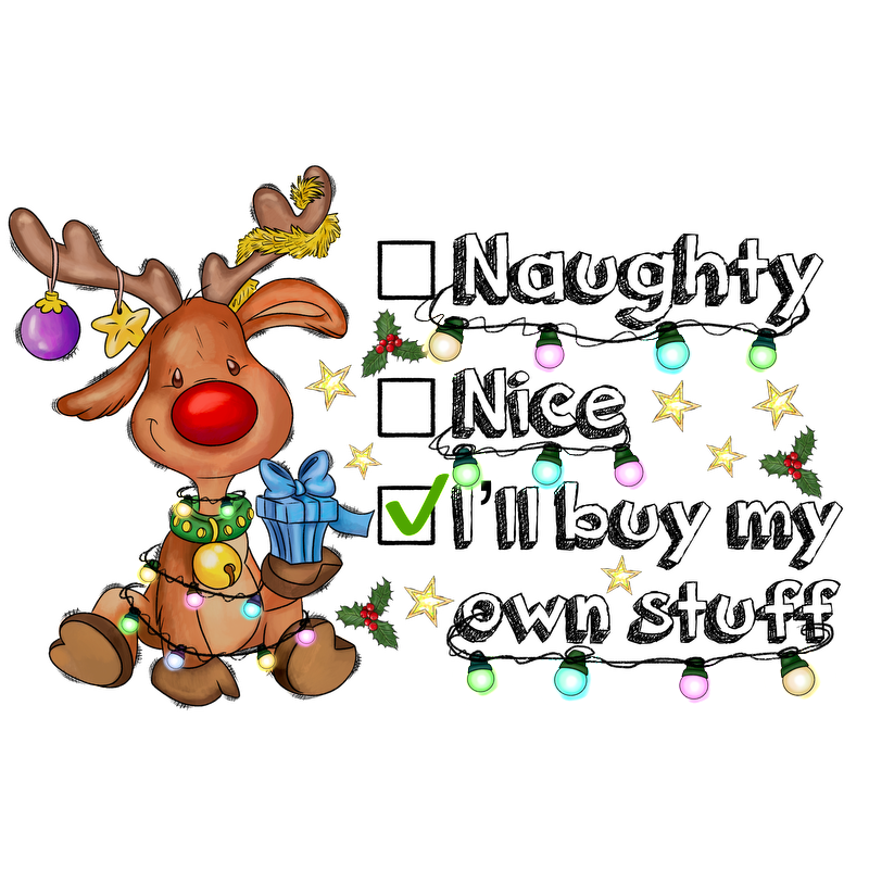 A cheerful cartoon reindeer adorned with ornaments and lights, happily holding a gift against a festive background.DTF Transfers dtf transfers dtf prints