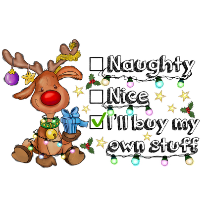 A cheerful cartoon reindeer adorned with ornaments and lights, happily holding a gift against a festive background.DTF Transfers dtf transfers dtf prints