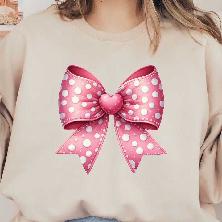 A delightful pink polka dot bow featuring a heart-shaped center, perfect for adding a sweet touch to any gift or hairstyle.DTF Transfers