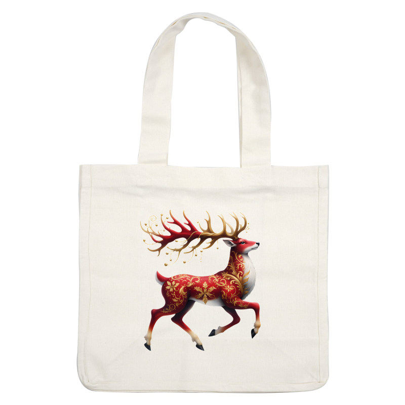 A beautifully decorated red deer with ornate golden patterns and impressive antlers, exuding a festive and whimsical charm. dtf transfers