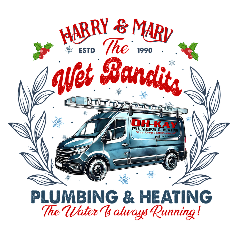 A festive illustration featuring a plumbing and heating van adorned with holiday decorations, showcasing the "Wet Bandits" theme.DTF Transfers dtf prints