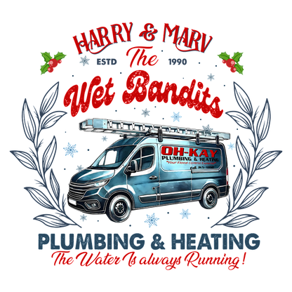 A festive illustration featuring a plumbing and heating van adorned with holiday decorations, showcasing the "Wet Bandits" theme.DTF Transfers dtf prints