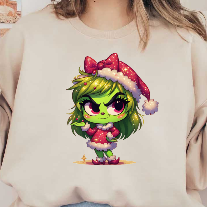 This playful character features festive green skin, a sparkly red dress with white trim, and a cheerful Santa hat.DTF Transfers