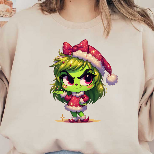 This playful character features festive green skin, a sparkly red dress with white trim, and a cheerful Santa hat.DTF Transfers