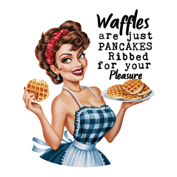 Una alegre mujer de inspiración retro con un delantal sostiene waffles y muestra una cita divertida sobre waffles y panqueques.