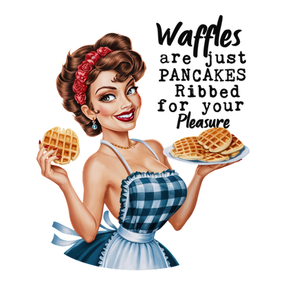 Una alegre mujer de inspiración retro con un delantal sostiene waffles y muestra una cita divertida sobre waffles y panqueques.