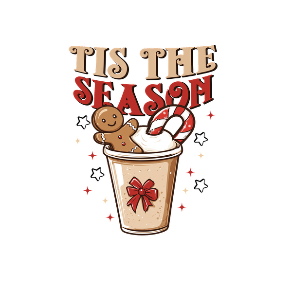 Celebrate the season with a festive cup featuring a gingerbread man, candy cane, and whipped cream, adorned with a bow.dtf regular iron