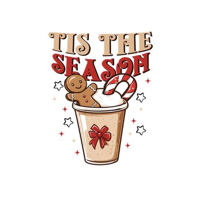 Celebrate the season with a festive cup featuring a gingerbread man, candy cane, and whipped cream, adorned with a bow.dtf regular iron