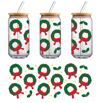 A festive pattern featuring green Christmas wreaths adorned with red bows, berries, and holly leaves, perfect for holiday decor.UV Transfers dtf prints