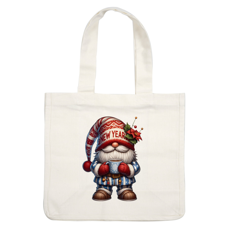 This cheerful gnome features a festive "New Year" hat, a striped blue outfit, red gloves, and a cup of warm drink.