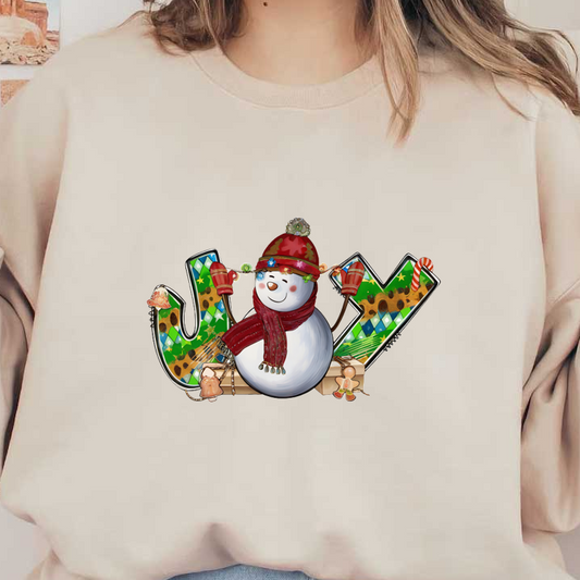 A cheerful snowman in festive attire, surrounded by colorful decorations, embodies the joyful spirit of the holiday season. dtf prints