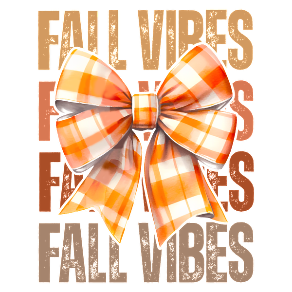 Un alegre lazo a cuadros naranja y blanco con las palabras "Fall Vibes" en el fondo, ¡perfecto para la decoración de otoño!