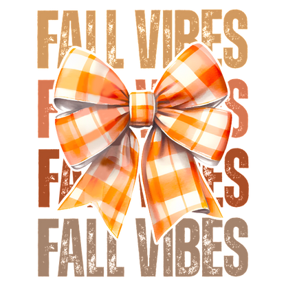 Un alegre lazo a cuadros naranja y blanco con las palabras "Fall Vibes" en el fondo, ¡perfecto para la decoración de otoño!