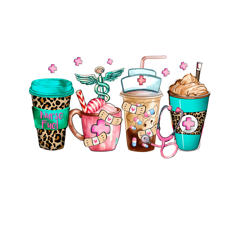 A fun collection of nurse-themed beverage cups, featuring vibrant colors, playful patterns, and medical motifs like band-aids and caduceus.DTF Transfers