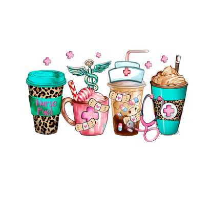 A fun collection of nurse-themed beverage cups, featuring vibrant colors, playful patterns, and medical motifs like band-aids and caduceus.DTF Transfers