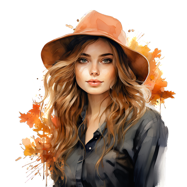 A beautiful portrait of a woman with long, wavy hair, wearing an orange hat and a black shirt, surrounded by autumn leaves.dtf regular iron