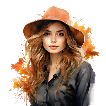 A beautiful portrait of a woman with long, wavy hair, wearing an orange hat and a black shirt, surrounded by autumn leaves.dtf regular iron