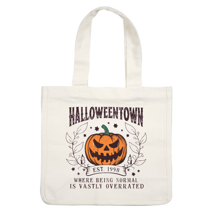 A playful Halloween-themed graphic featuring a smiling pumpkin, surrounded by stars and foliage, celebrating the spirit of Halloweentown since 1998. dtf prints dtf transfers