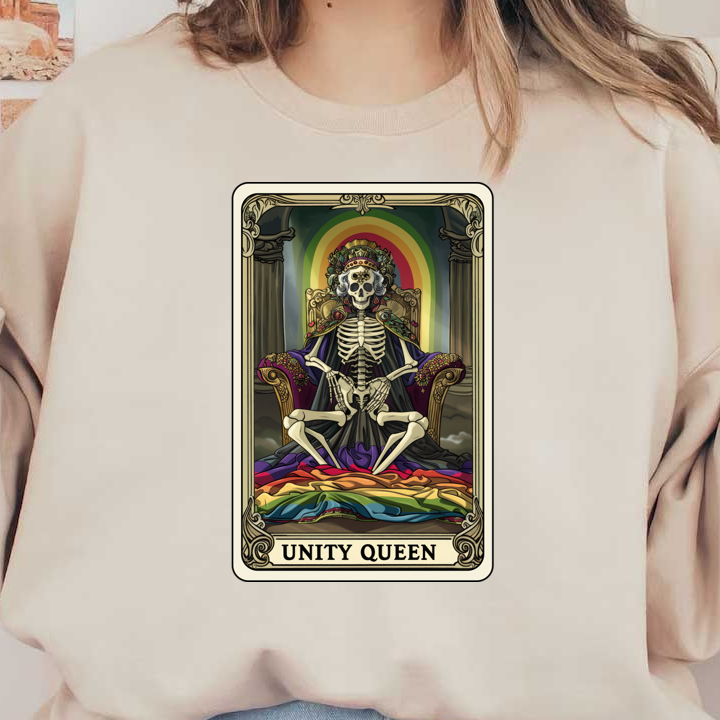 Una carta del tarot vibrante y artística que presenta un esqueleto sentado coronado como "Reina de la Unidad", sobre un fondo de arcoíris.