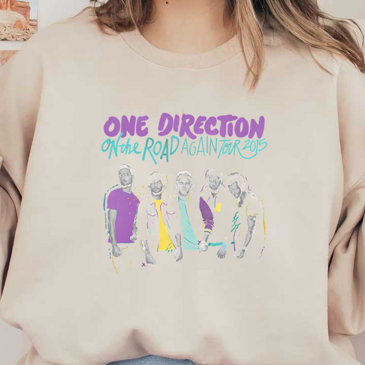 A vibrant graphic featuring the band One Direction from their 2015 "On The Road Again" tour, showcasing colorful outfits.DTF Transfers dtf prints