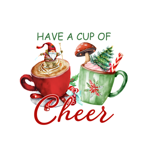 Celebrate the season with whimsical holiday mugs filled with cheer, featuring festive toppings and a cheerful gnome! heat press transfers