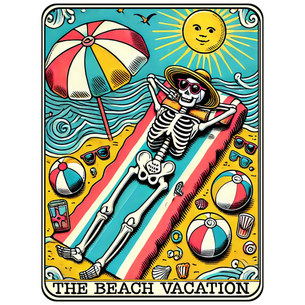 A playful illustration of a skeleton enjoying a sunny beach vacation, complete with sunglasses, a beach umbrella, and colorful beach balls.dtf regular iron