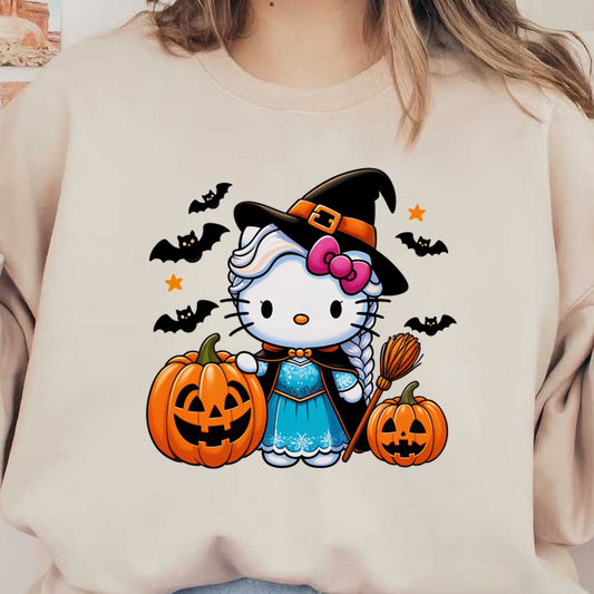 A cute Halloween-themed Hello Kitty dressed as a witch, surrounded by carved pumpkins and bats, spreading festive cheer.DTF Transfersdtf regular iron