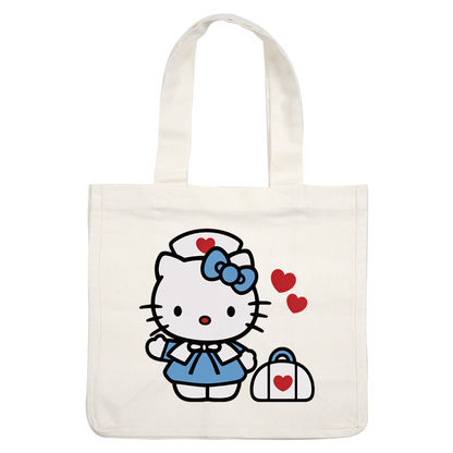 This adorable Hello Kitty character is dressed as a nurse, featuring a blue outfit and a matching bag with a heart.DTF Transfers