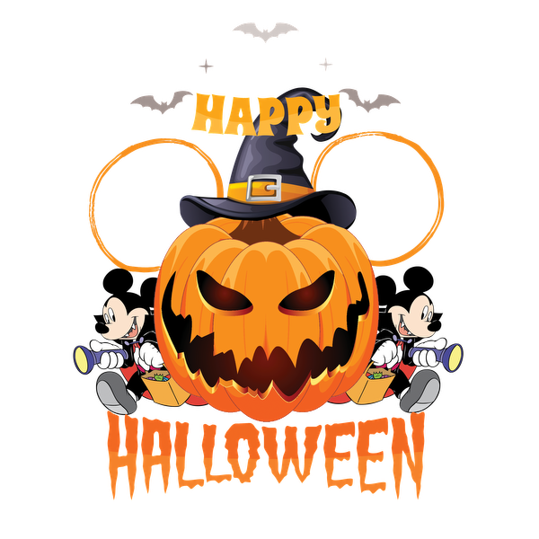 ¡Celebre Halloween con este alegre diseño que presenta una calabaza, personajes de Mickey Mouse y murciélagos festivos!