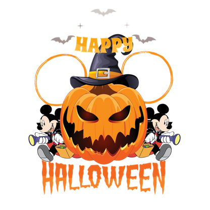 ¡Celebre Halloween con este alegre diseño que presenta una calabaza, personajes de Mickey Mouse y murciélagos festivos!