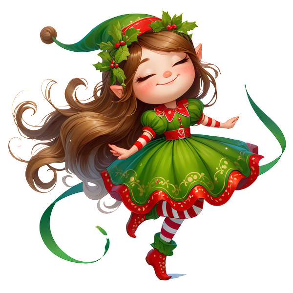 A cheerful elf girl in a vibrant green dress, adorned with red and white stripes, and a holly crown.DTF Transfersdtf regular iron