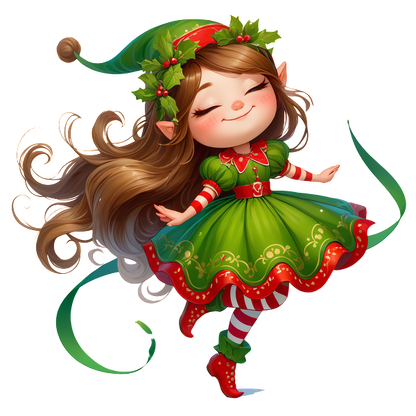 A cheerful elf girl in a vibrant green dress, adorned with red and white stripes, and a holly crown.DTF Transfersdtf regular iron