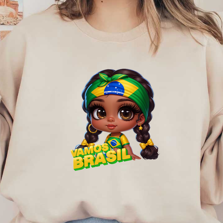 A cheerful, cartoon-style girl with braided hair, wearing a Brazilian flag-themed outfit and headband, celebrates with the phrase "Vamos Brasil!"DTF Transfers heat press transfers