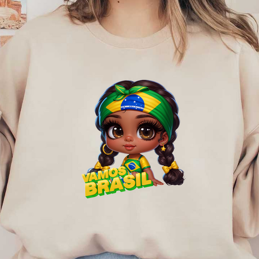 A cheerful, cartoon-style girl with braided hair, wearing a Brazilian flag-themed outfit and headband, celebrates with the phrase "Vamos Brasil!"DTF Transfers heat press transfers