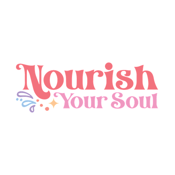 Un gráfico vibrante y estimulante que presenta la frase "Nourish Your Soul" (Nutre tu alma) en letras divertidas y coloridas.