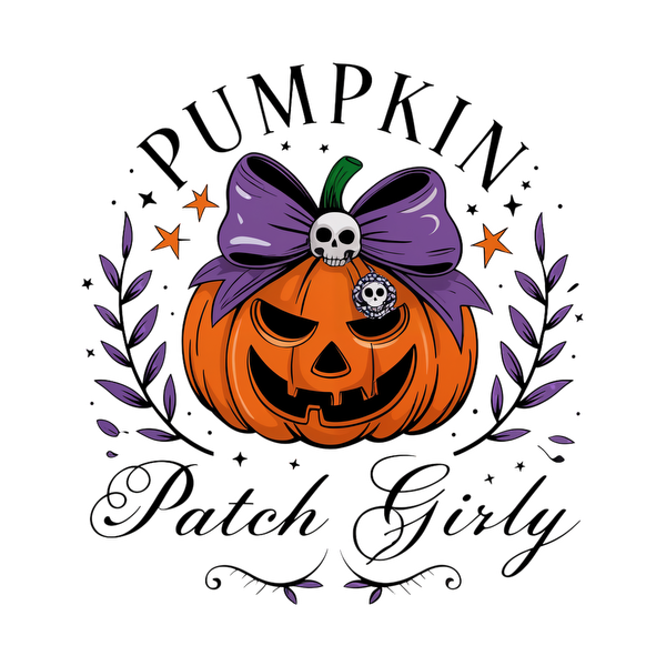 A vibrant Halloween design featuring a smiling pumpkin adorned with a purple bow and skull, perfect for festive vibes!dtf regular iron